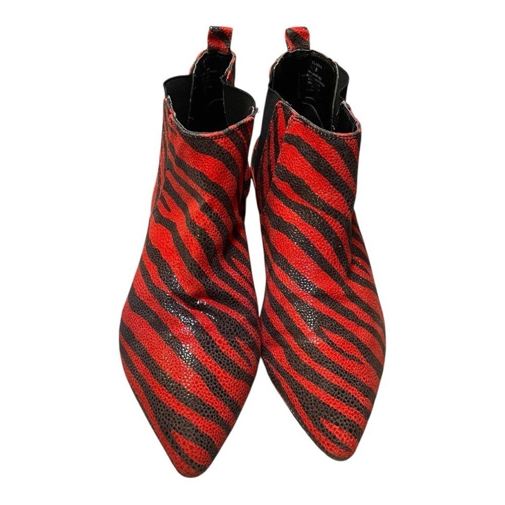 Red Black Zebra Print Pointed Toe Chelsea Ankle Boots Elastic Slip On Booties